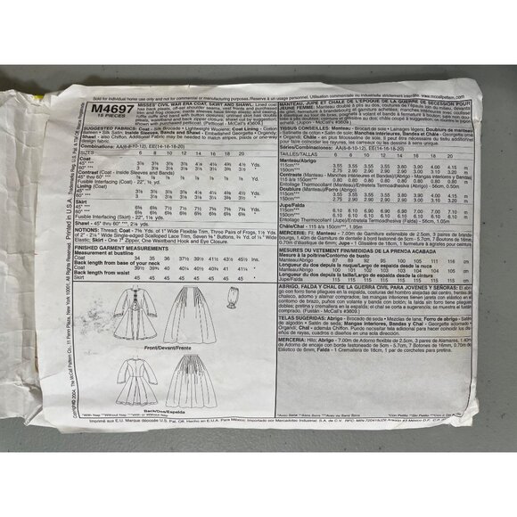 Y2K McCalls M4697 Sewing Pattern Size 14-20 Civil War Era Coat Skirt Shawl UNCUT - Picture 4 of 6